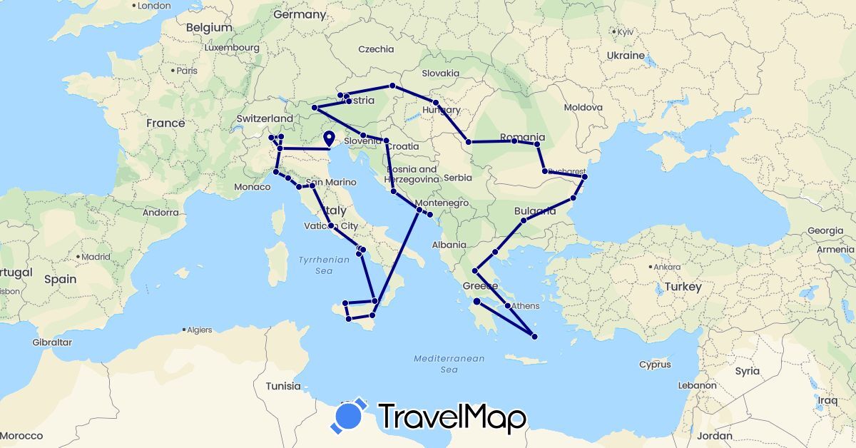 TravelMap itinerary: driving in Austria, Bulgaria, Greece, Croatia, Hungary, Italy, Montenegro, Romania, Slovenia (Europe)